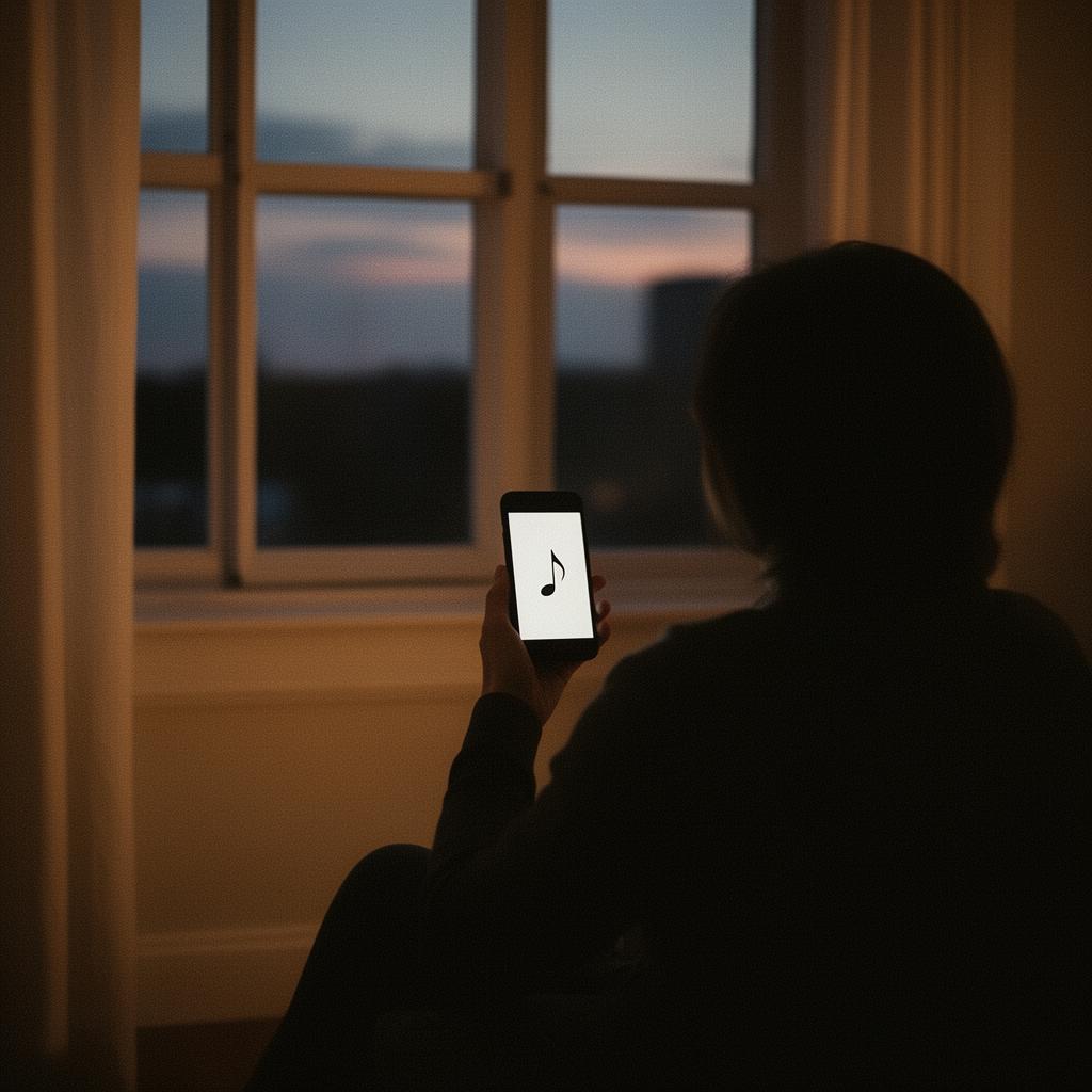 A person sitting alone by a window at dusk, holding a phone showing a quiet note