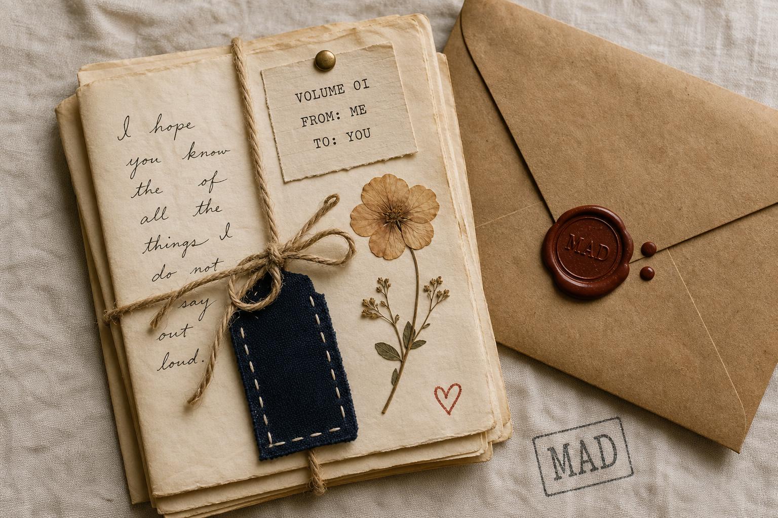 A stack of handwritten notes tied with twine and a navy stitched fabric tag with a pressed flower, beside a kraft envelope sealed with a red MAD wax stamp